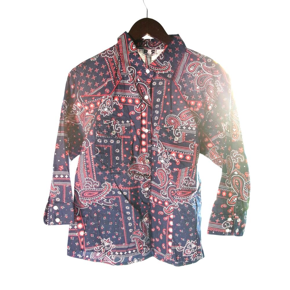 Rave 4 Real Bandana Paisley Button Up Shirt Women’s L Navy Red Western